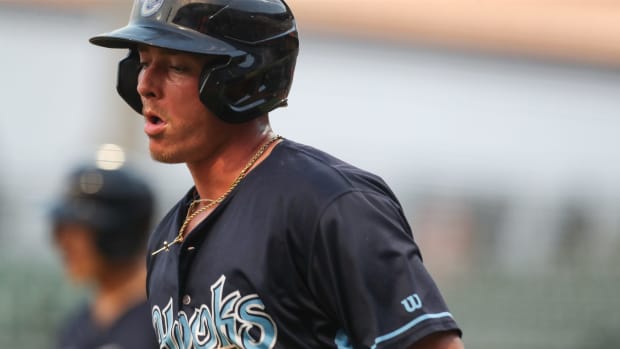 Hooks' Zach Dezenzo scores during a homestand against the Sod Poodles at Whataburger Field on Thursday, June 22, 2023.
